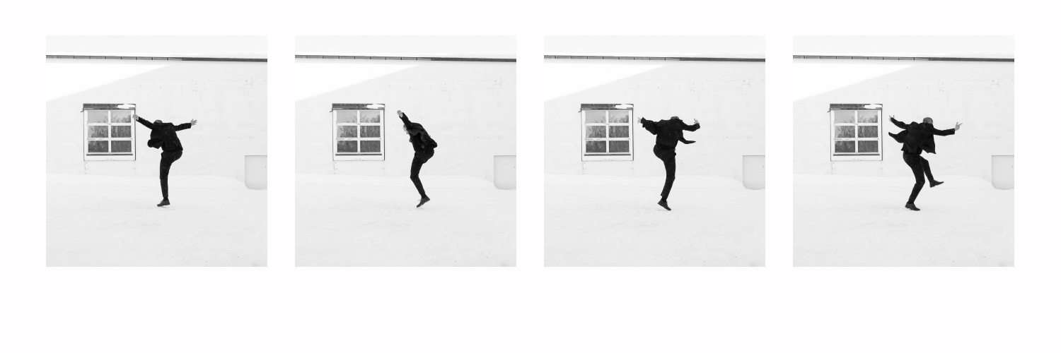 A series of four black-and-white photographs show a dancer in a black suit hopping and kicking in various positions, often with only one leg visible.