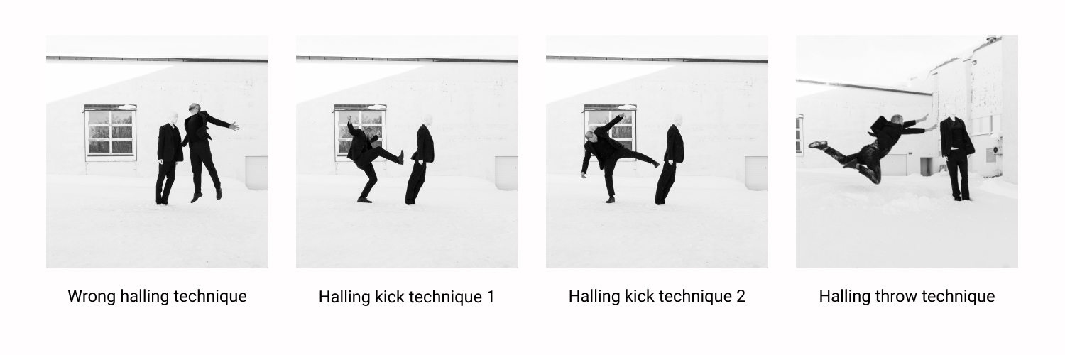 A series of four black-and-white images of two dancers dressed in black show various halling kick and halling throw techniques, labeled “Wrong halling technique, Halling kick technique 1, Halling kick technique 2 and Halling throw technique