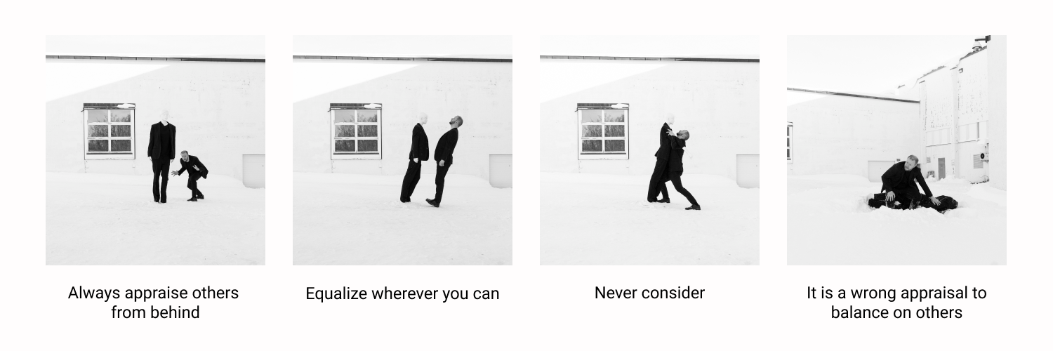 A series of four black-and-white images show two dancers dressed in black interacting with each other in various active poses. Their labels read: “Always appraise others from behind, Equalize whenever you can, Never consider, It is a wrong appraisal to balance on others.