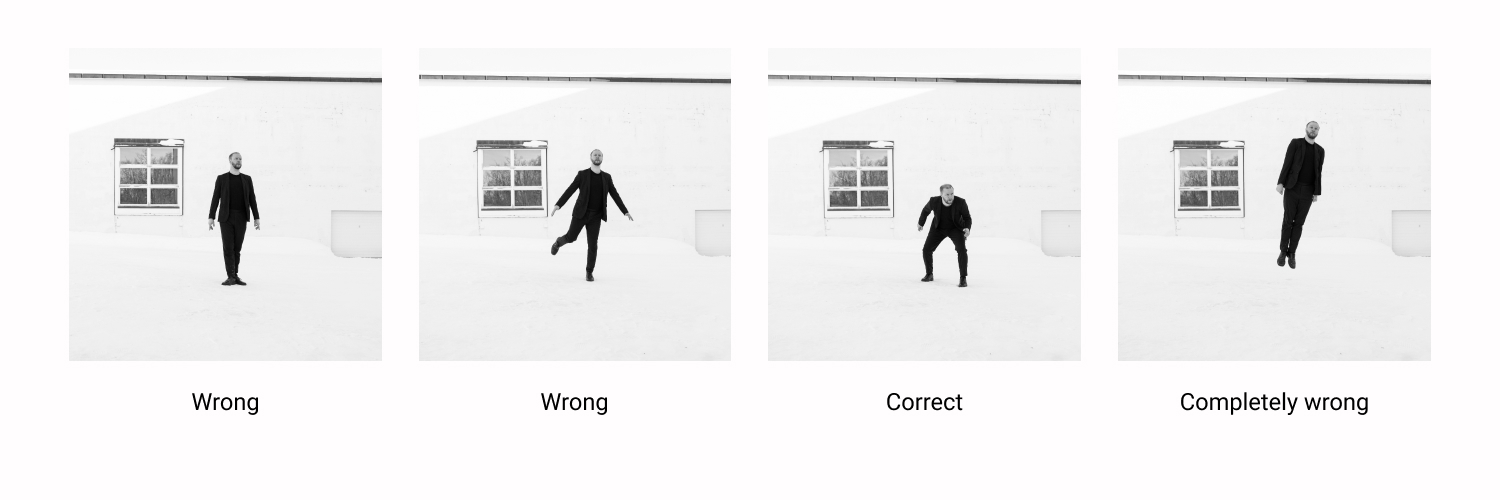 A series of four black-and-white photos show a lone dancer in a black suit in various poses. Text below the grid (“Wrong, Wrong, Correct, Completely Wrong”) reflects the states of balance and off-balance in his poses.