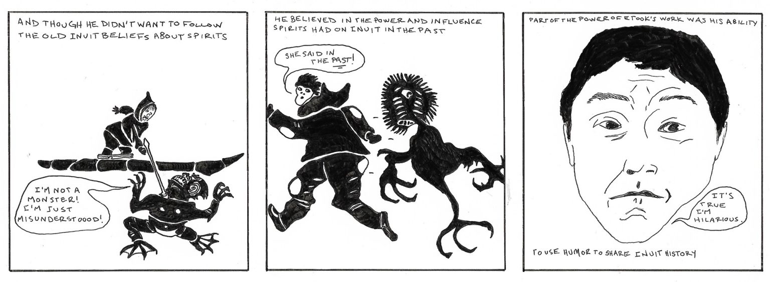 Three panels of a comic drawn in black ink on a white background, depicting a man in a kayak, a spirit and a portrait of a man’s head.